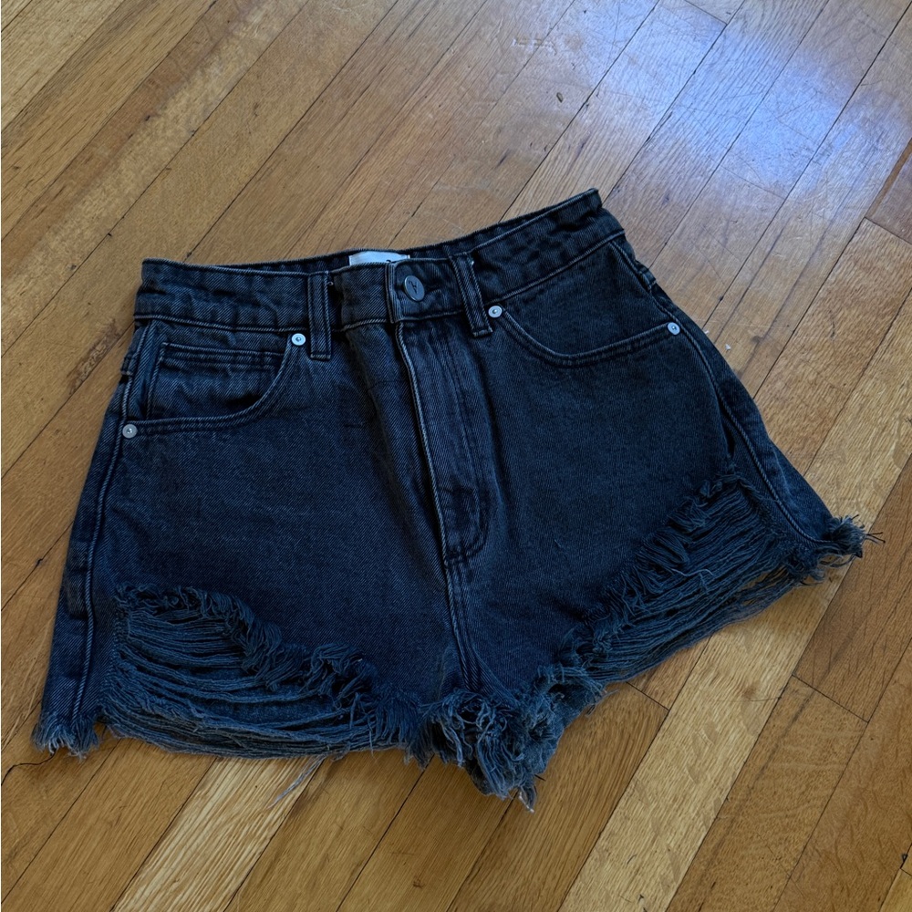 Abrand Black High-Rise Distressed Denim Shorts